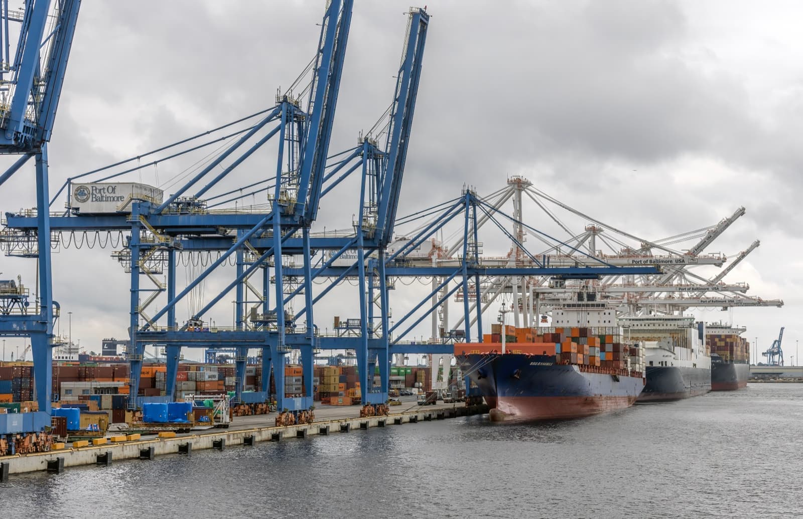 Container cranes and a container ship at Seagirt Marine Terminal