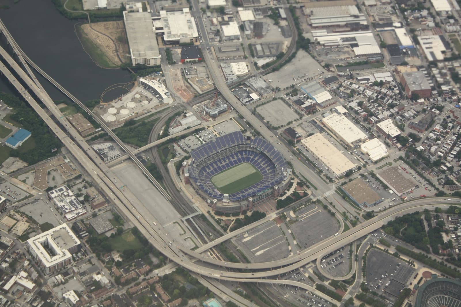 Aerial view of M&T Bank Stadium with Camden Yards at one corner
