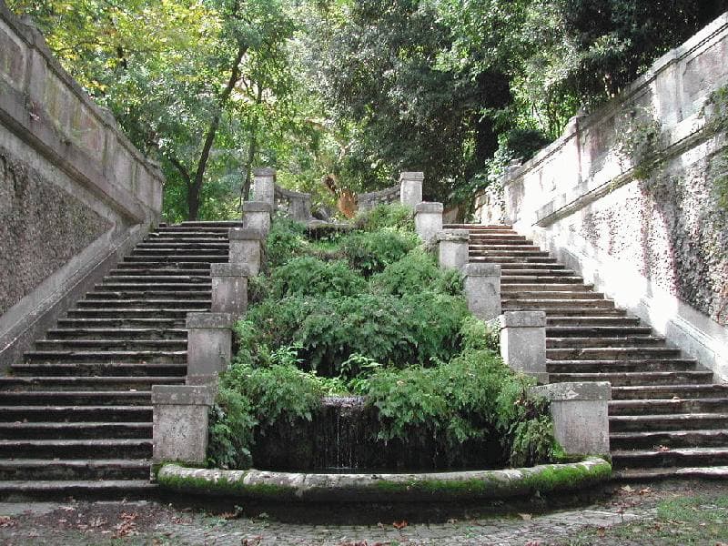 Two stone staircases rising either side of a green water cascade under trees
