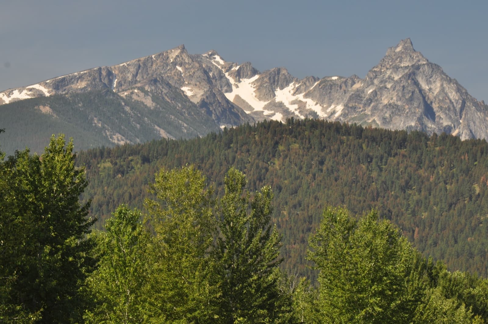 Grey granite peaks with snow patches above a forested ridge and green trees