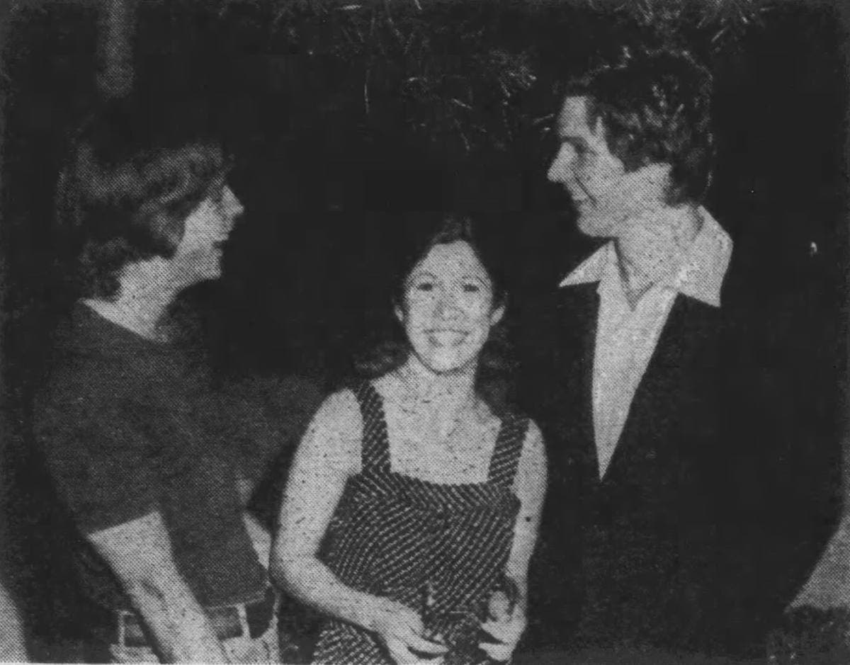 Three young actors laughing together in a newspaper photograph: Hamill, Fisher and Ford