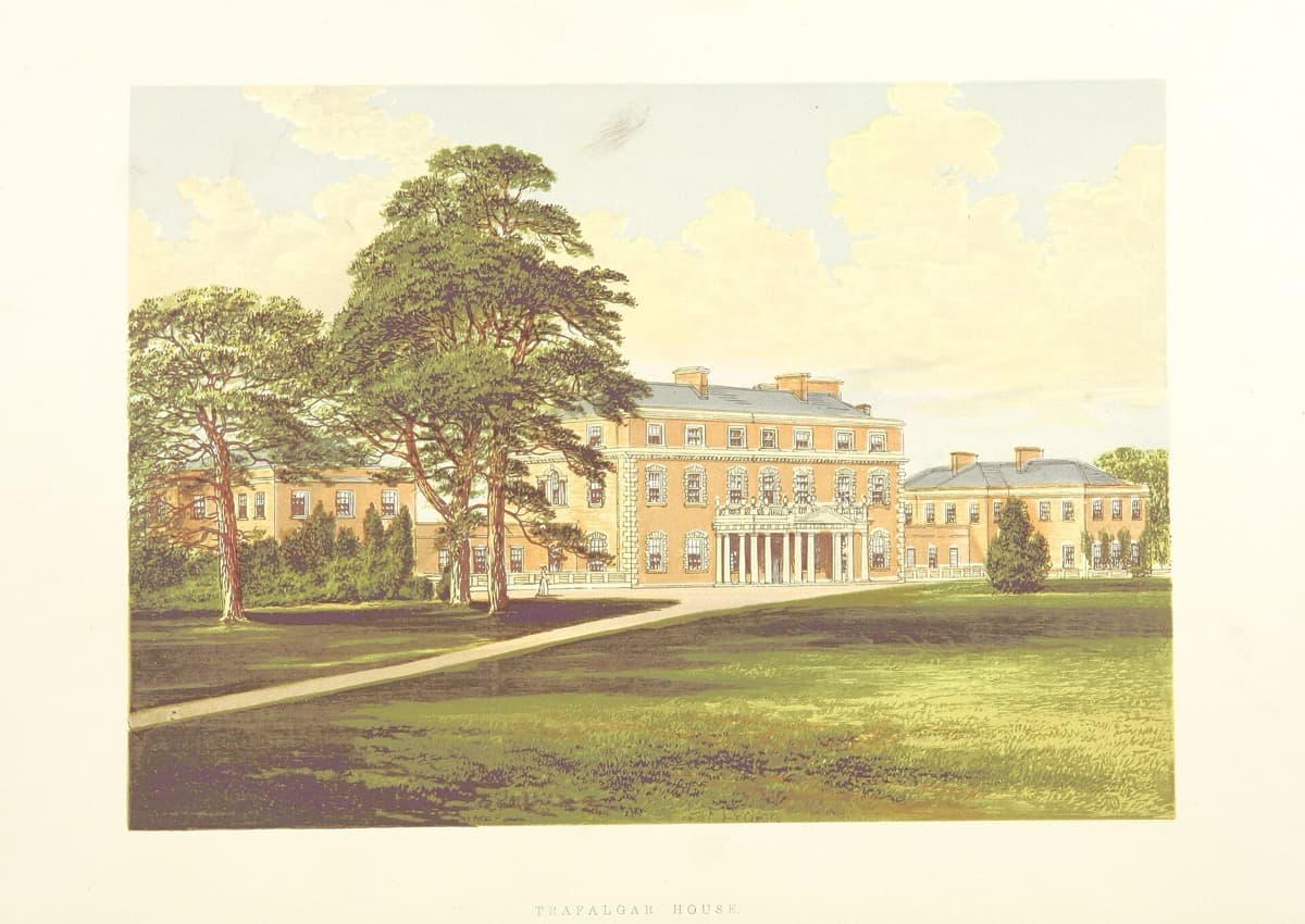 An engraving of a large Georgian country house with pavilions