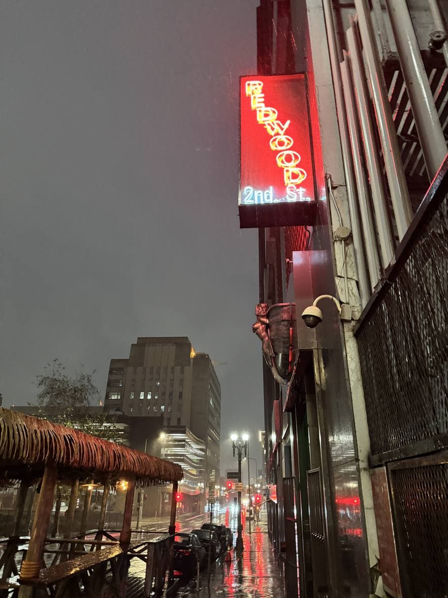 A red neon bar sign on a brick wall above a rainy evening street