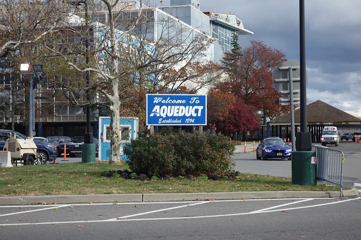 A welcome sign at the entrance to Aqueduct Racetrack in Queens.