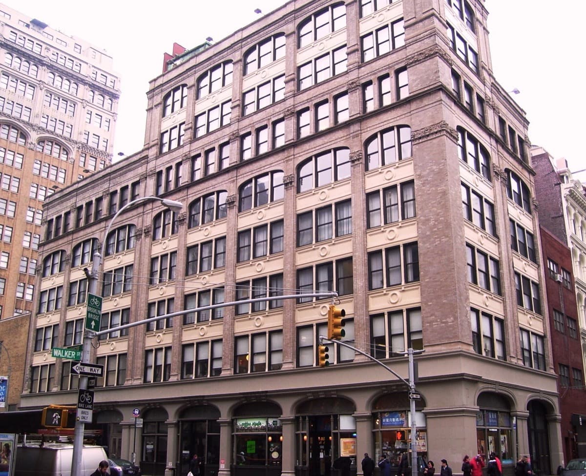 A corner block of old commercial buildings