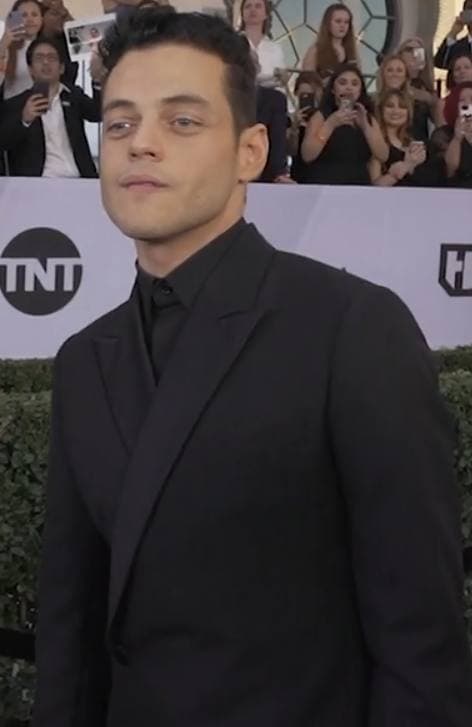 Rami Malek in a dark suit on a red carpet