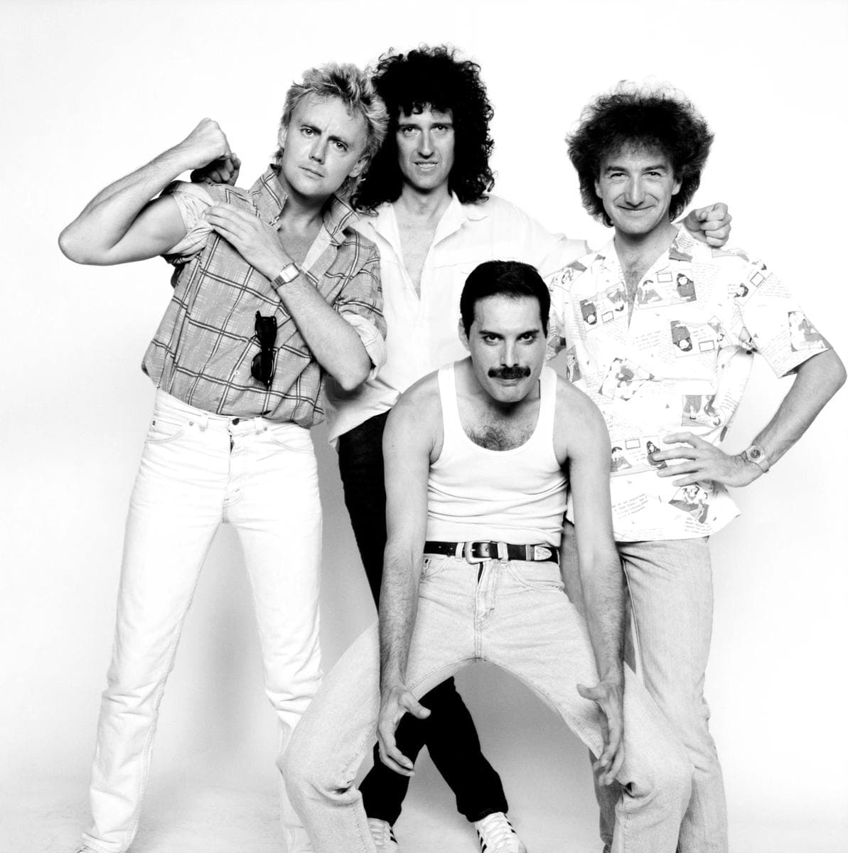 The four members of Queen in a 1985 group portrait