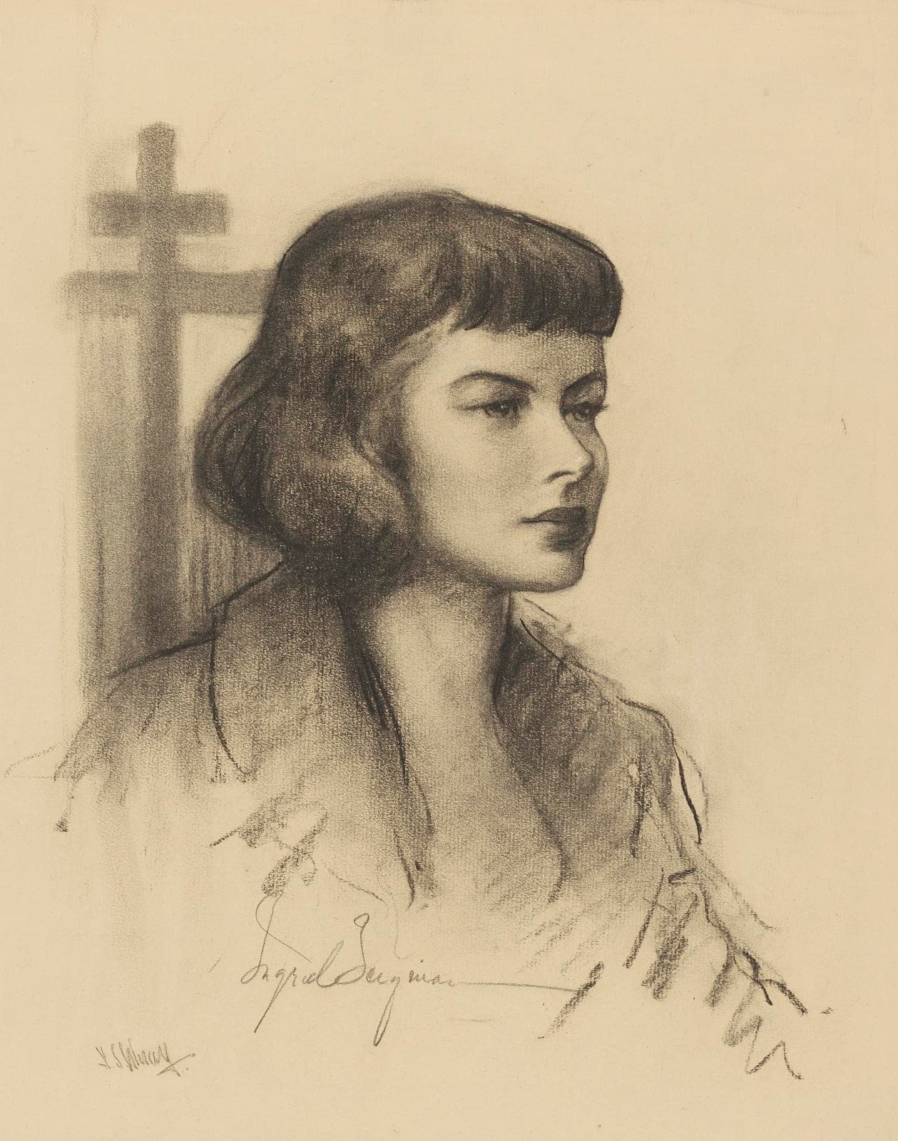 Ingrid Bergman in a 1946 charcoal and chalk portrait by Samuel Johnson Woolf