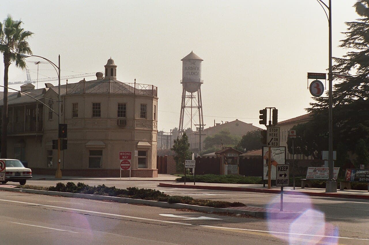 Warner studio street frontage and water tower in Burbank, photographed in 1987