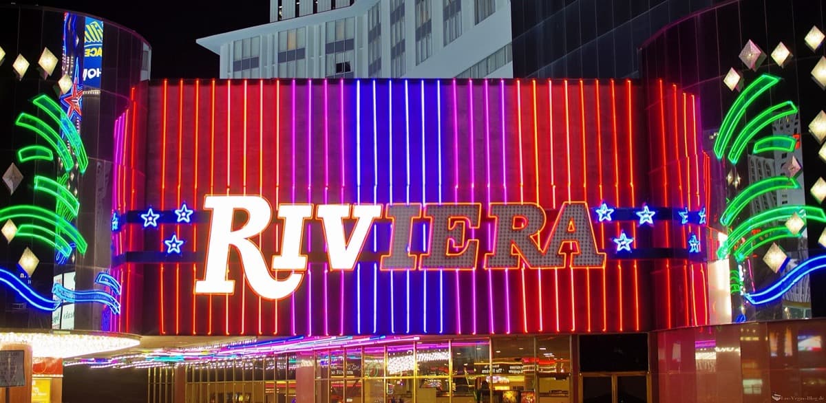 The Riviera casino building on the Las Vegas Strip, seen from the street