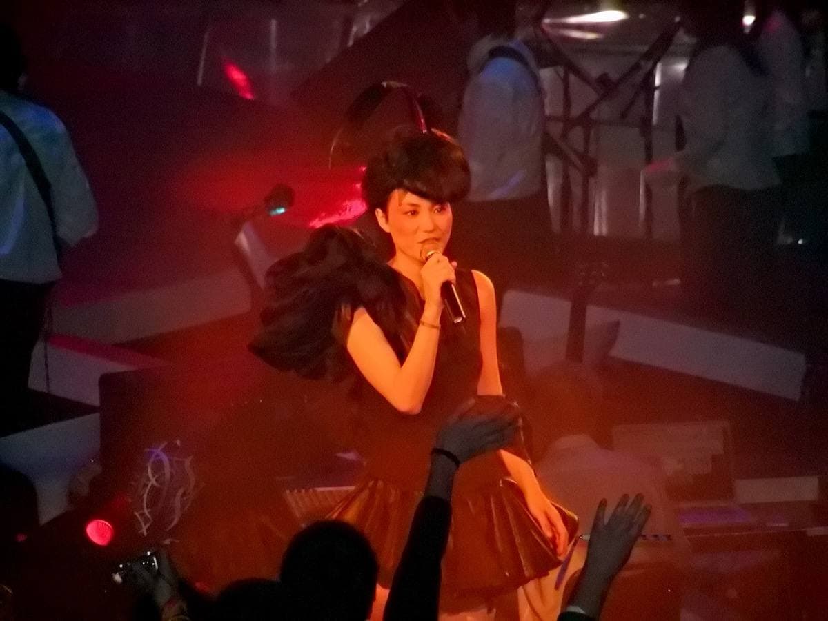 Faye Wong singing on a lit stage, microphone raised