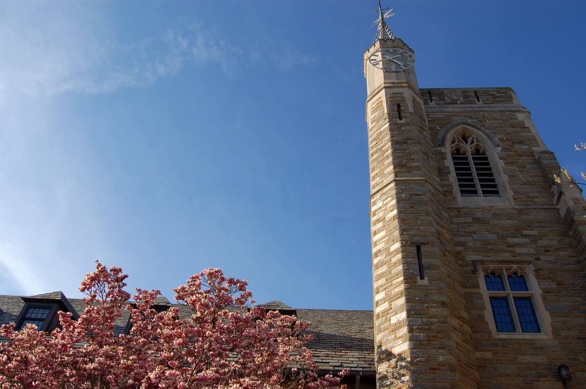 A stone Gothic tower against a blue sky over a red-leaved tree