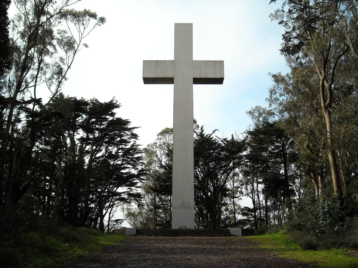 A tall white concrete cross in a clearing ringed by trees