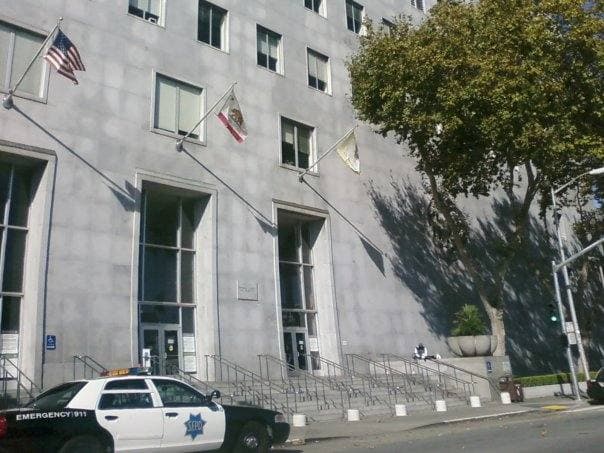 The pale stone front of a large civic building with flags, a police car at the kerb