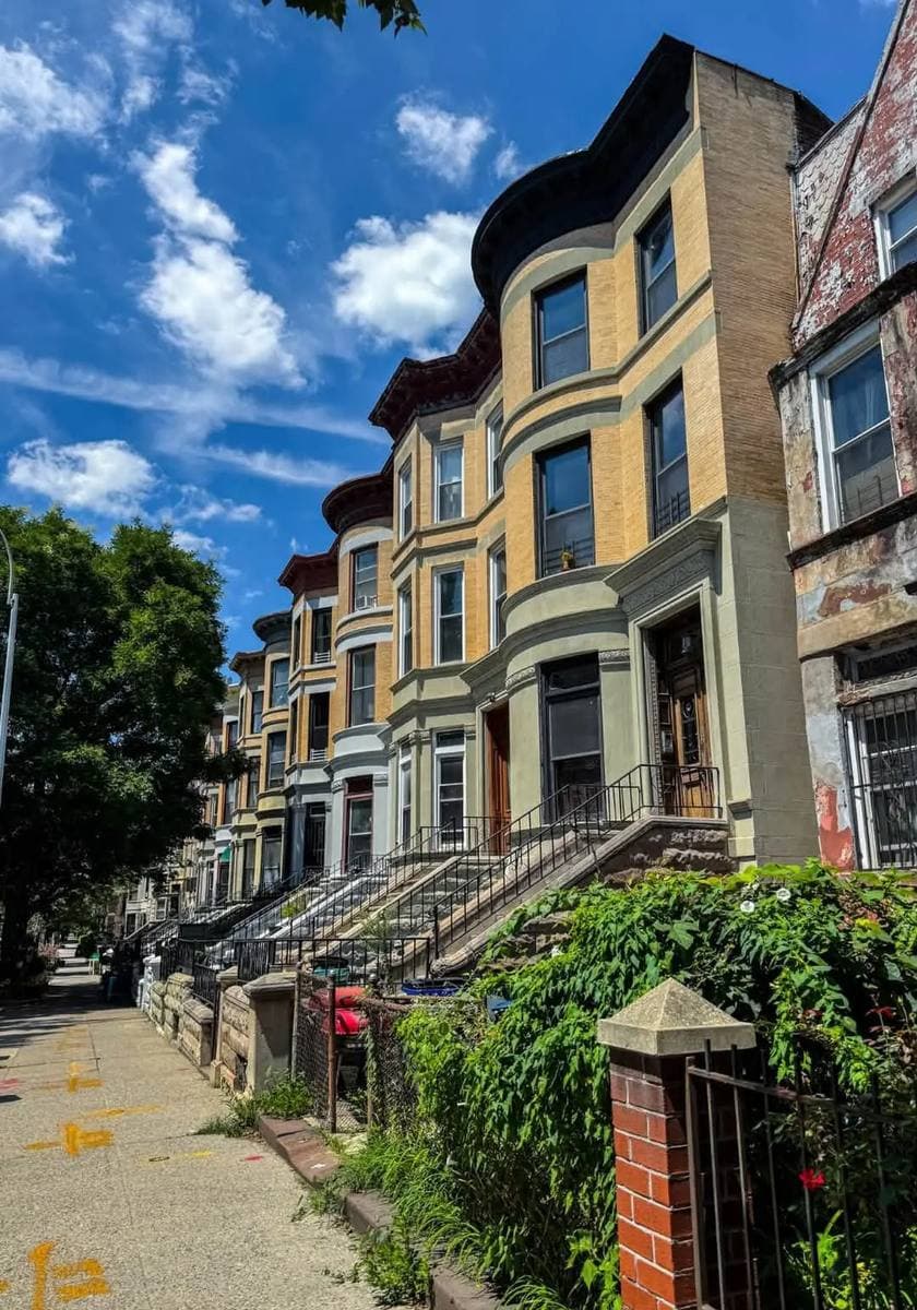 A row of bay-fronted Bed-Stuy houses under a blue summer sky