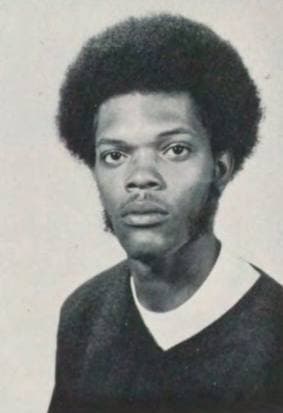 A yearbook portrait of a young Samuel L. Jackson in a V-neck sweater