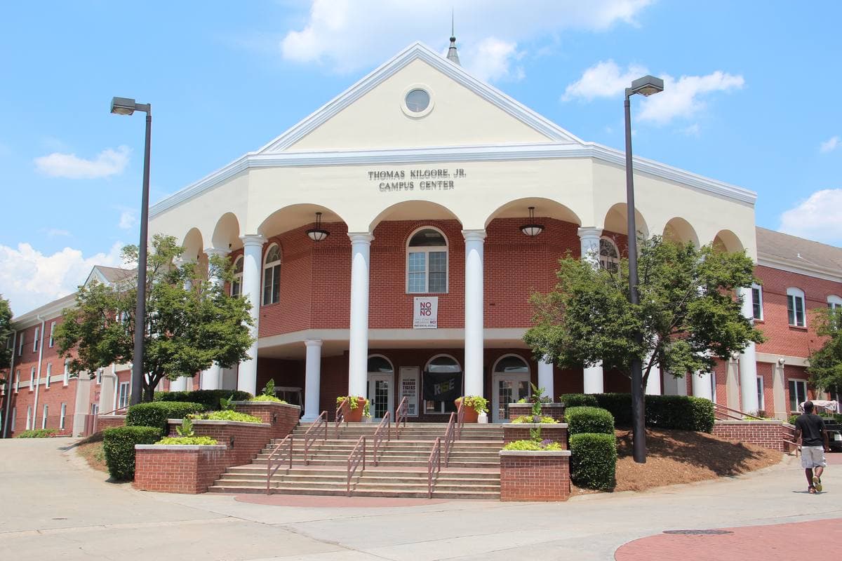 A white-columned red-brick campus building at Morehouse College