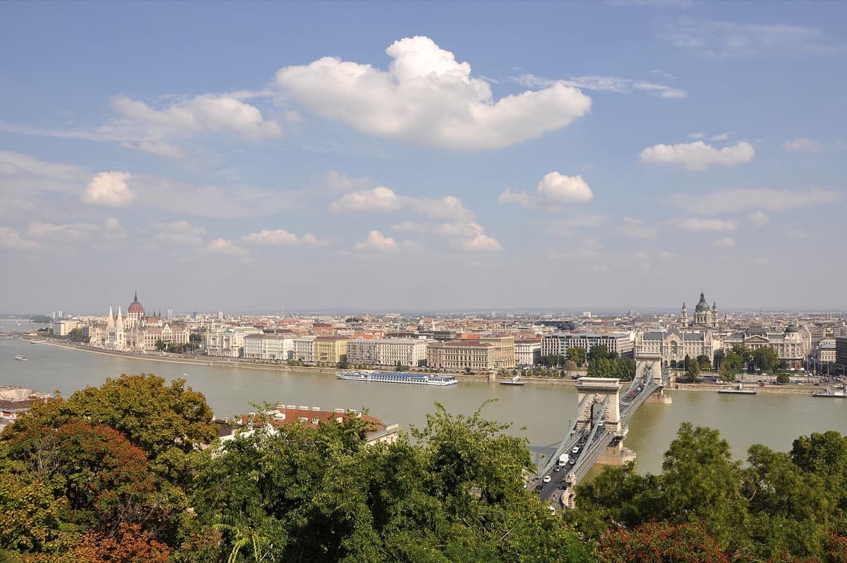 A broad river with bridges and a dense city of domes and roofs beyond