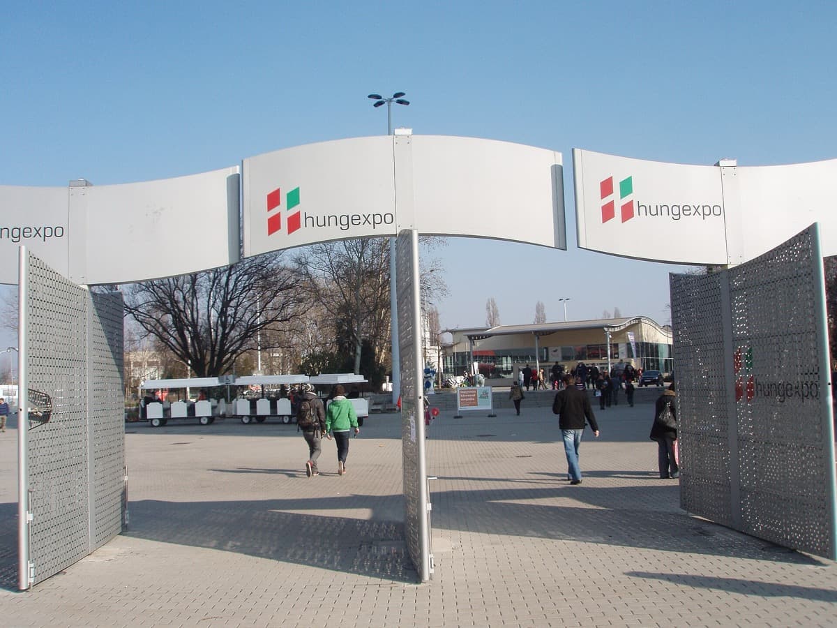 Exhibition halls and a paved forecourt at the Hungexpo grounds in Budapest