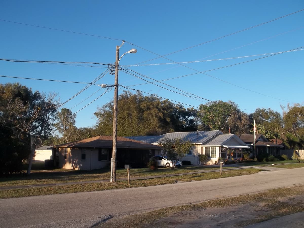 Single-storey houses with lawns, trees and overhead power lines along a quiet street in Lutz, Florida.