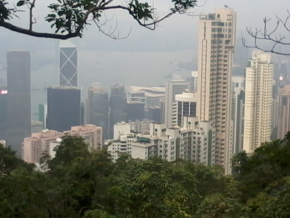 Evening view of Central and Wan Chai towers from Old Peak Road.