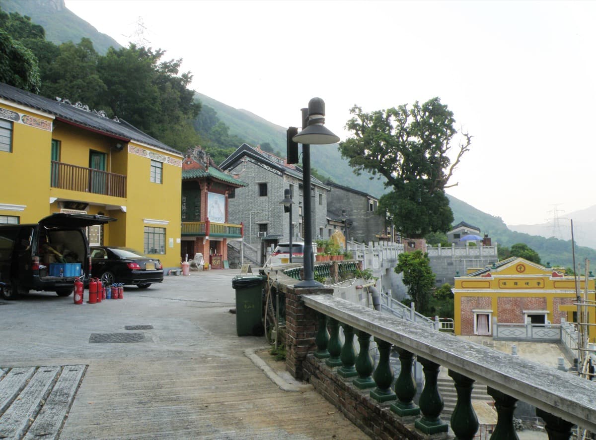 Temple buildings of Tsing Shan Monastery on a hillside in Tuen Mun.