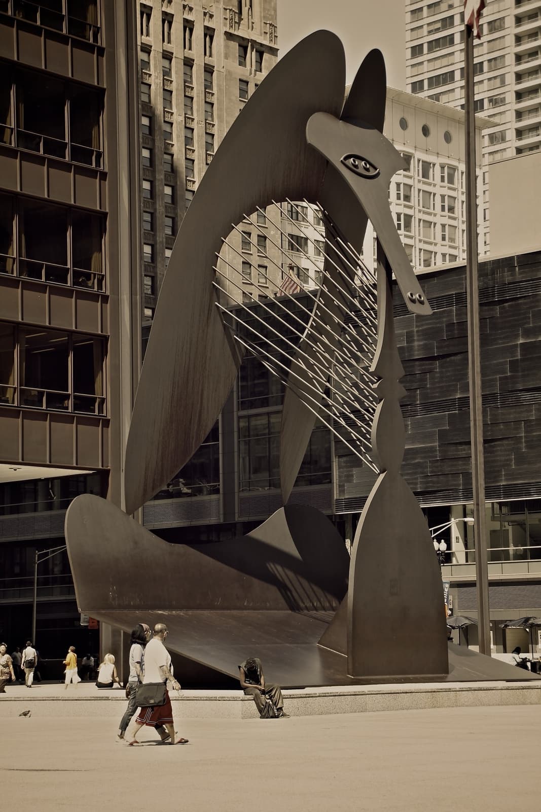 The rusted steel Picasso sculpture in Daley Plaza at night