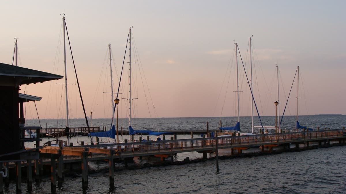 A long wooden pier and boat dock reaching into a bay