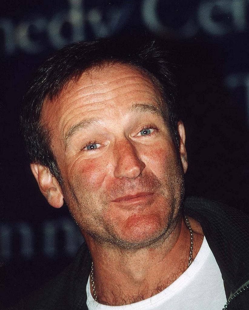 Robin Williams smiling with his head tilted, in a white T-shirt and dark jacket
