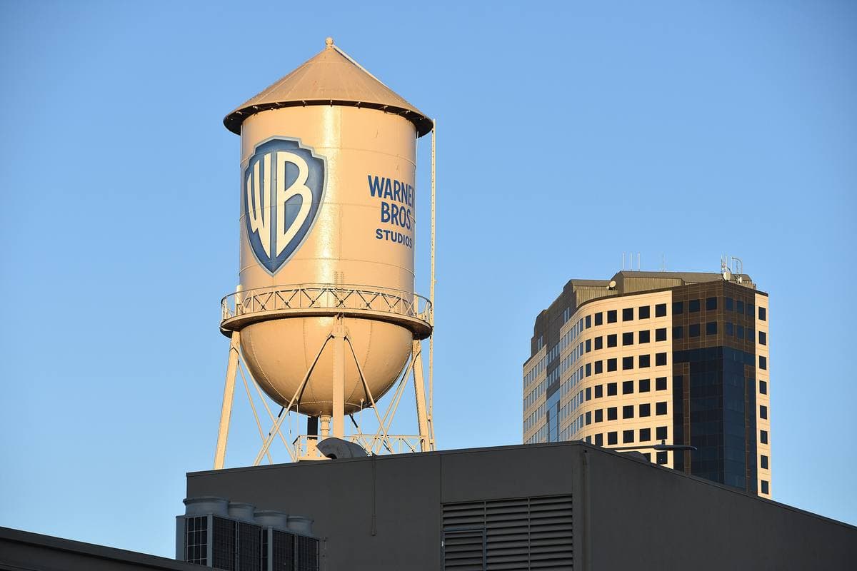 The Warner Bros. water tower against a blue sky