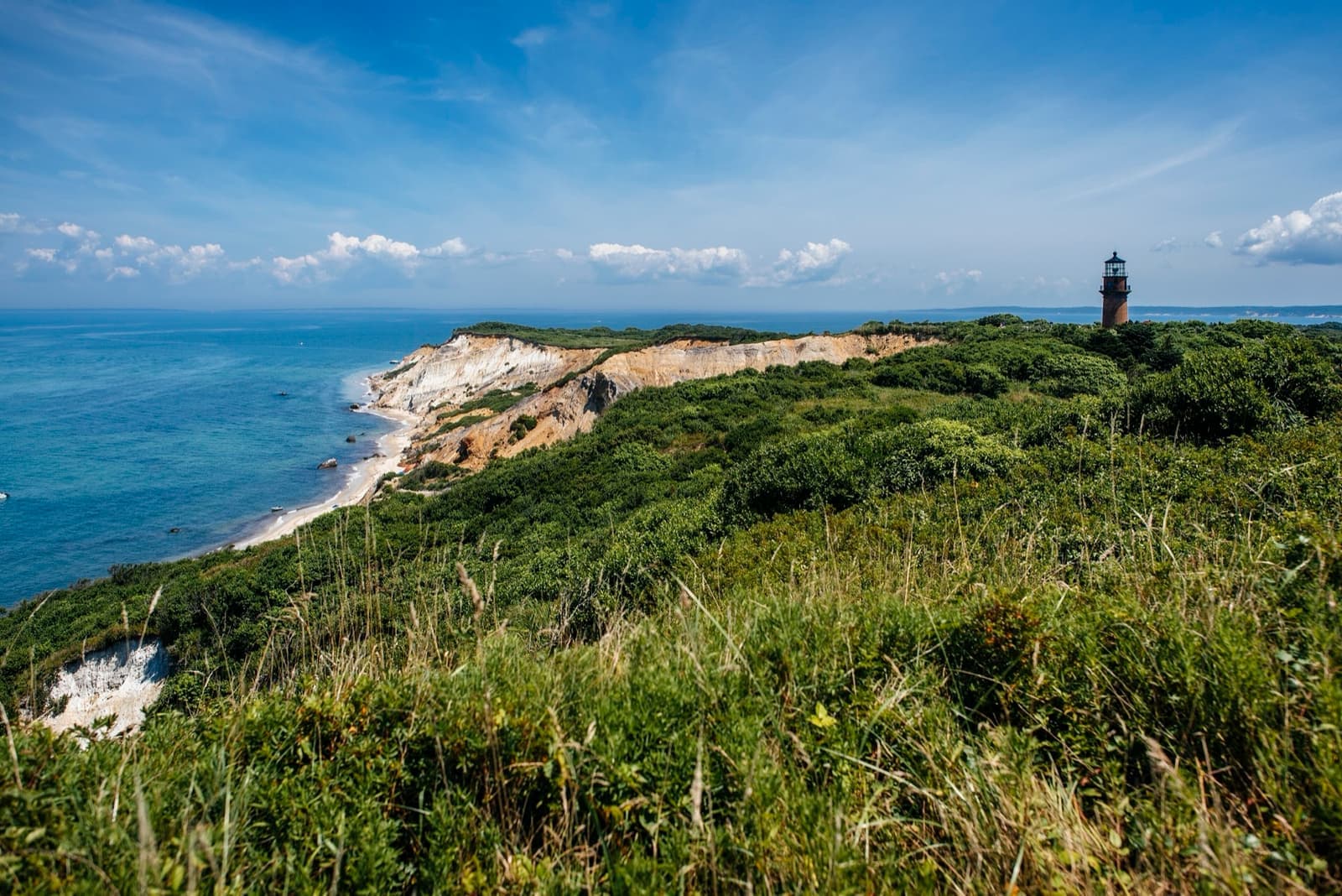 Green headland and pale clay cliffs above the sea, a lighthouse on the far ridge