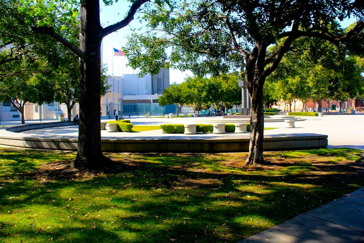The Los Angeles Memorial Coliseum seen from outside, with its arched entrance