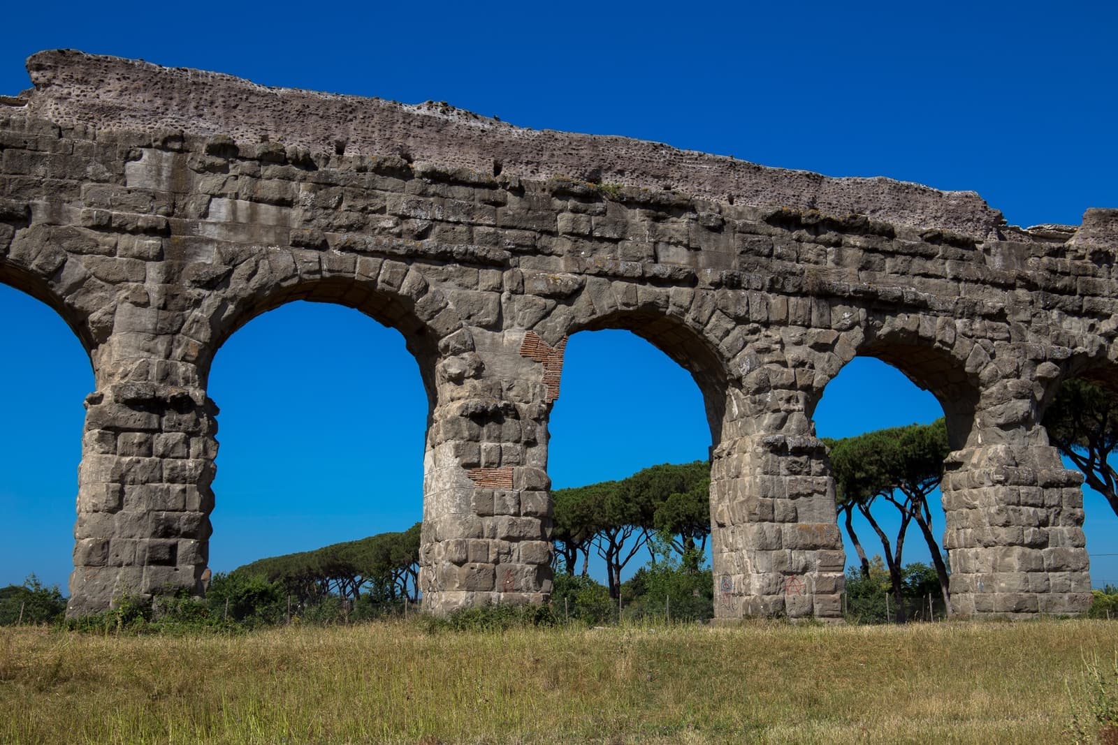 Stone arches of the Roman aqueduct across a summer meadow