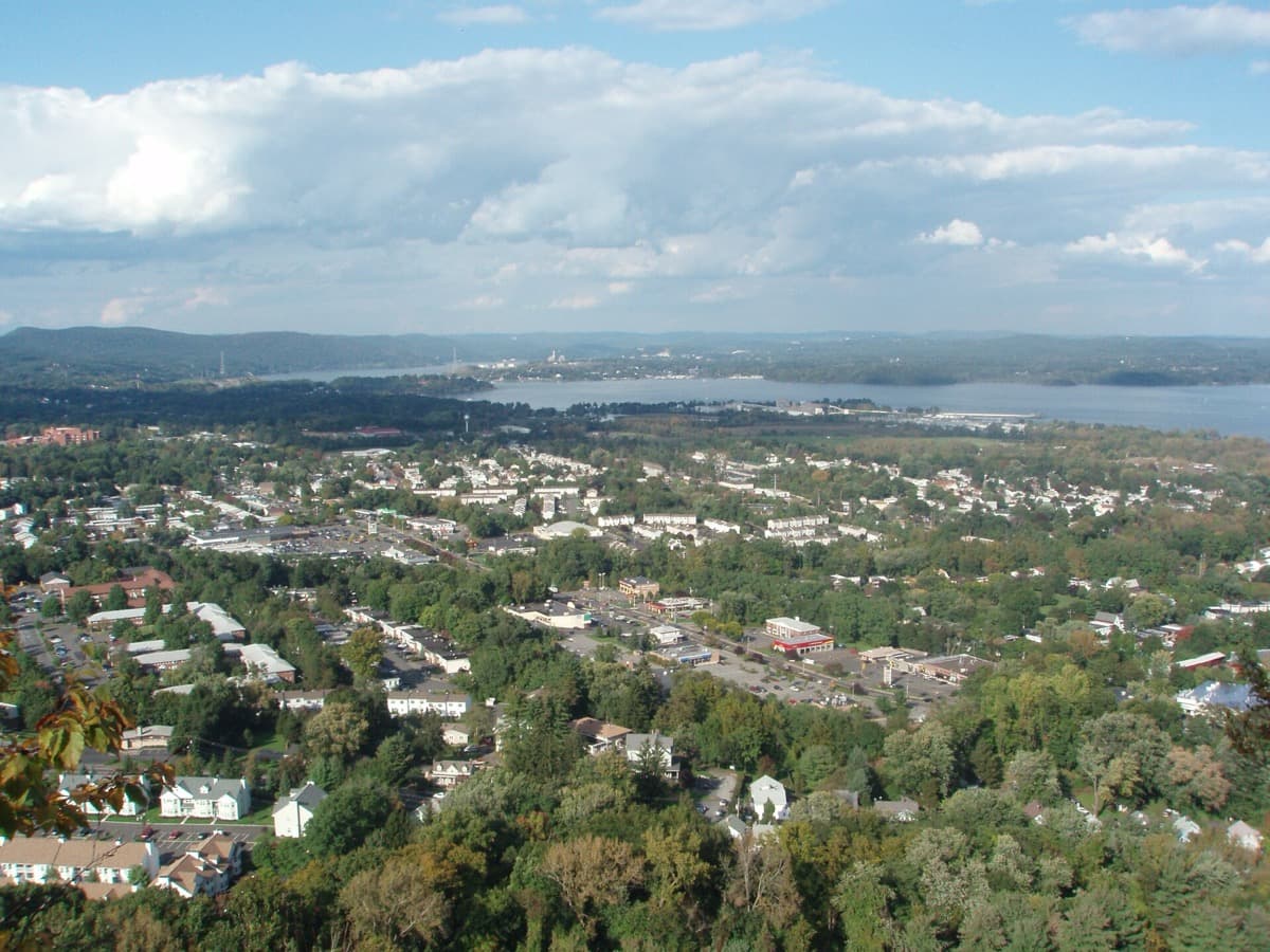Houses and church spires of Haverstraw beside the Hudson River