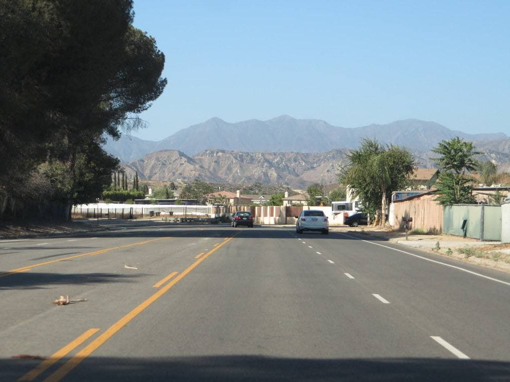 A straight road between low houses and palms, mountains at the end