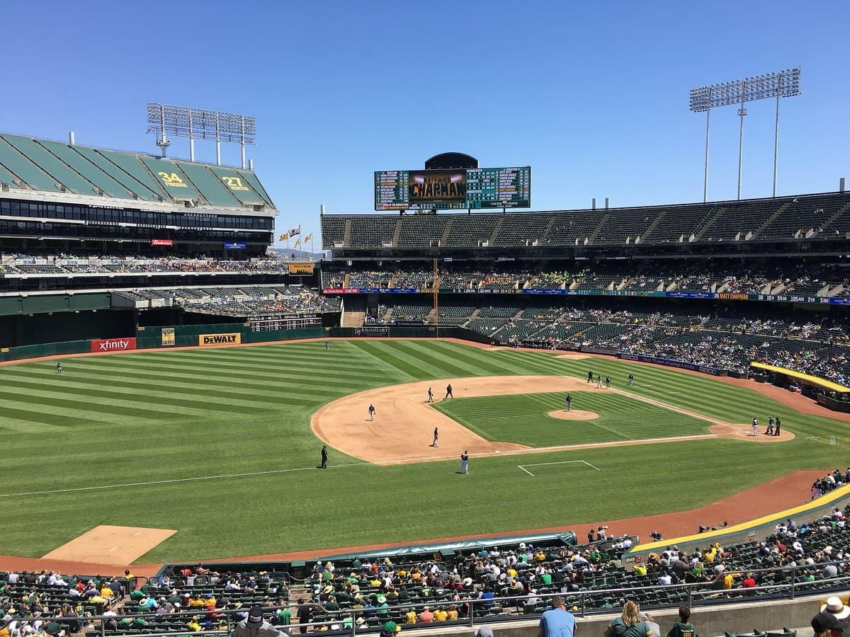 The seating bowl of a baseball stadium seen from inside