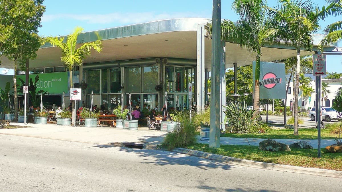 A mid-century restaurant frontage on a Miami boulevard