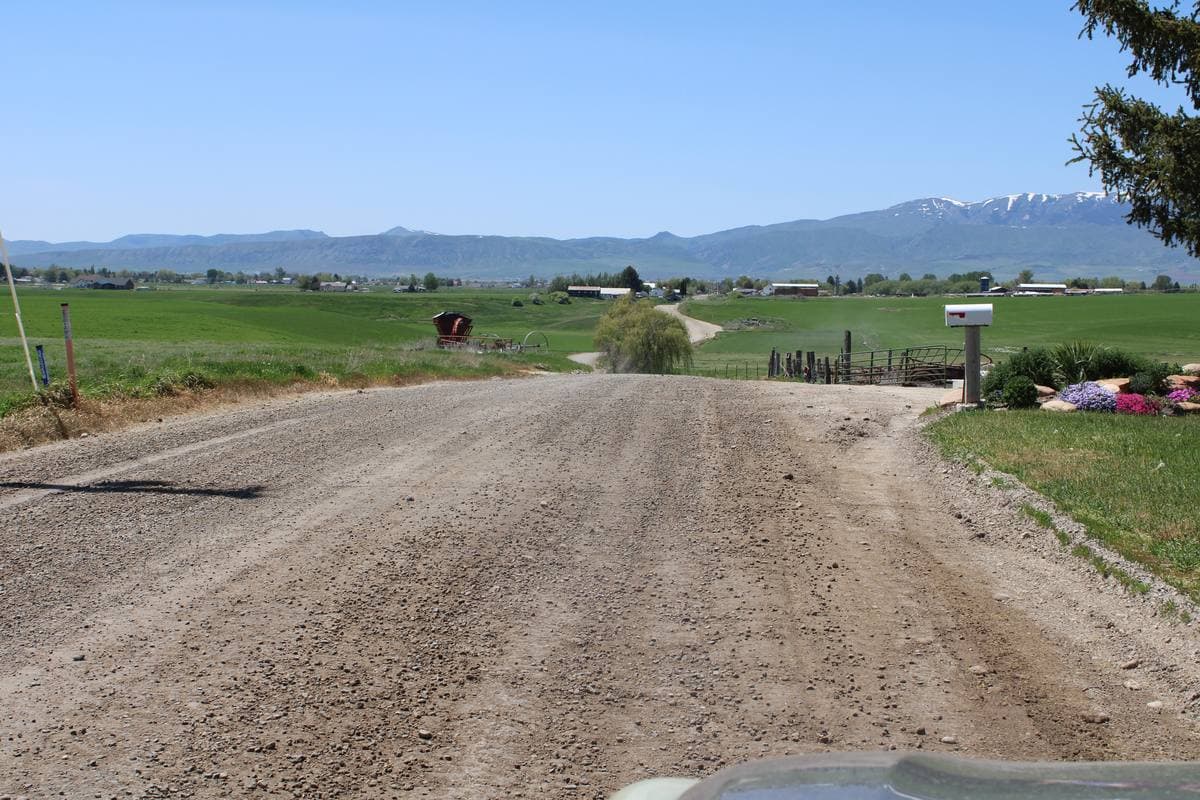 A gravel country road between green fields, with a mailbox and mountains beyond
