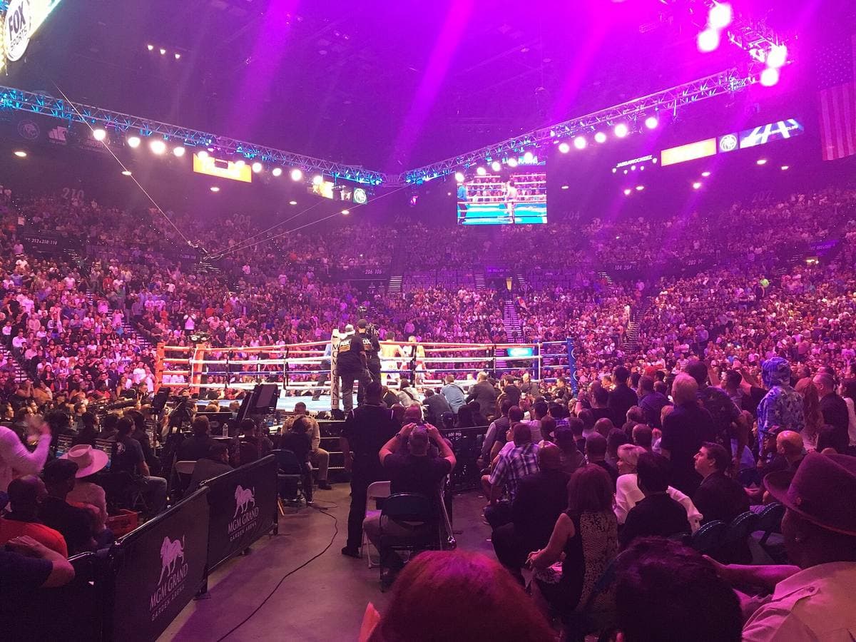 A boxing ring lit under big screens in a packed arena