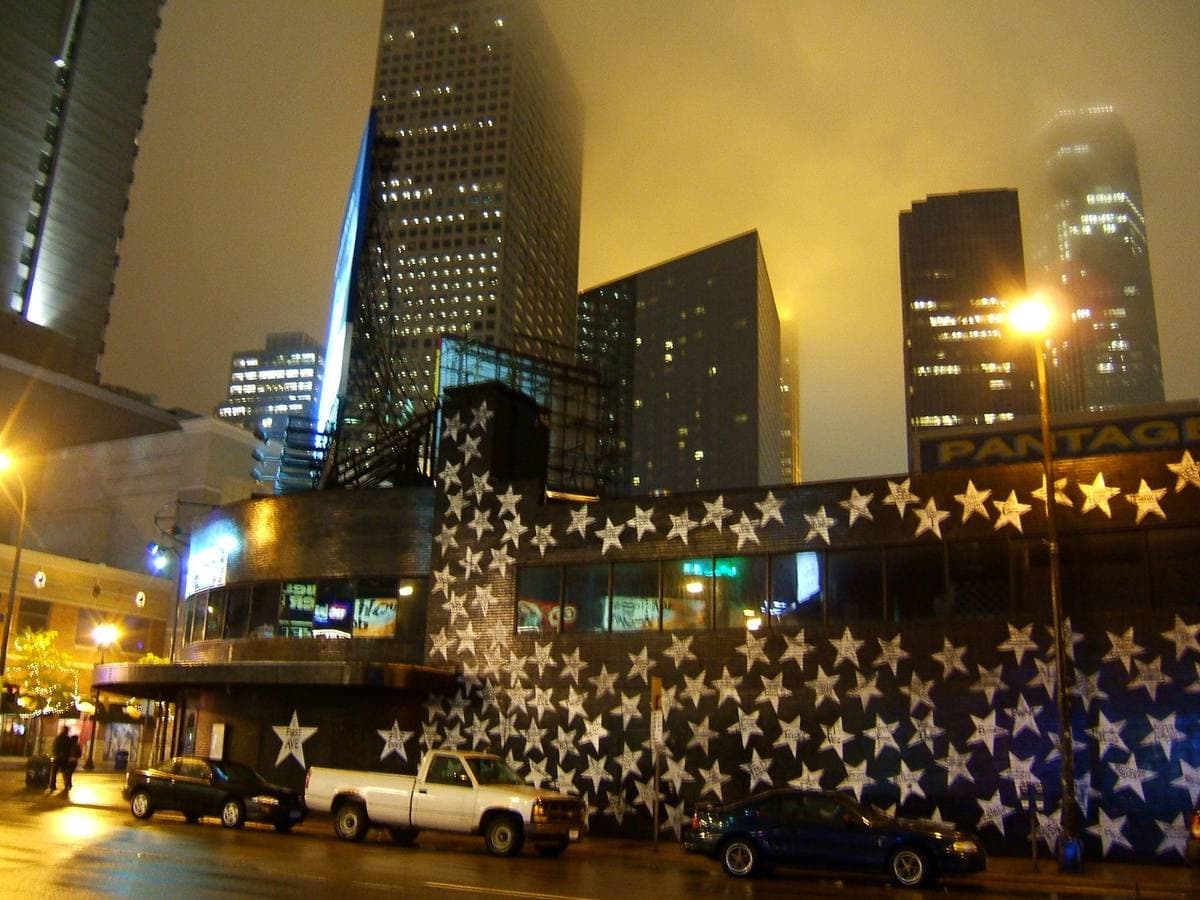 The black, star-covered corner building of First Avenue with its marquee