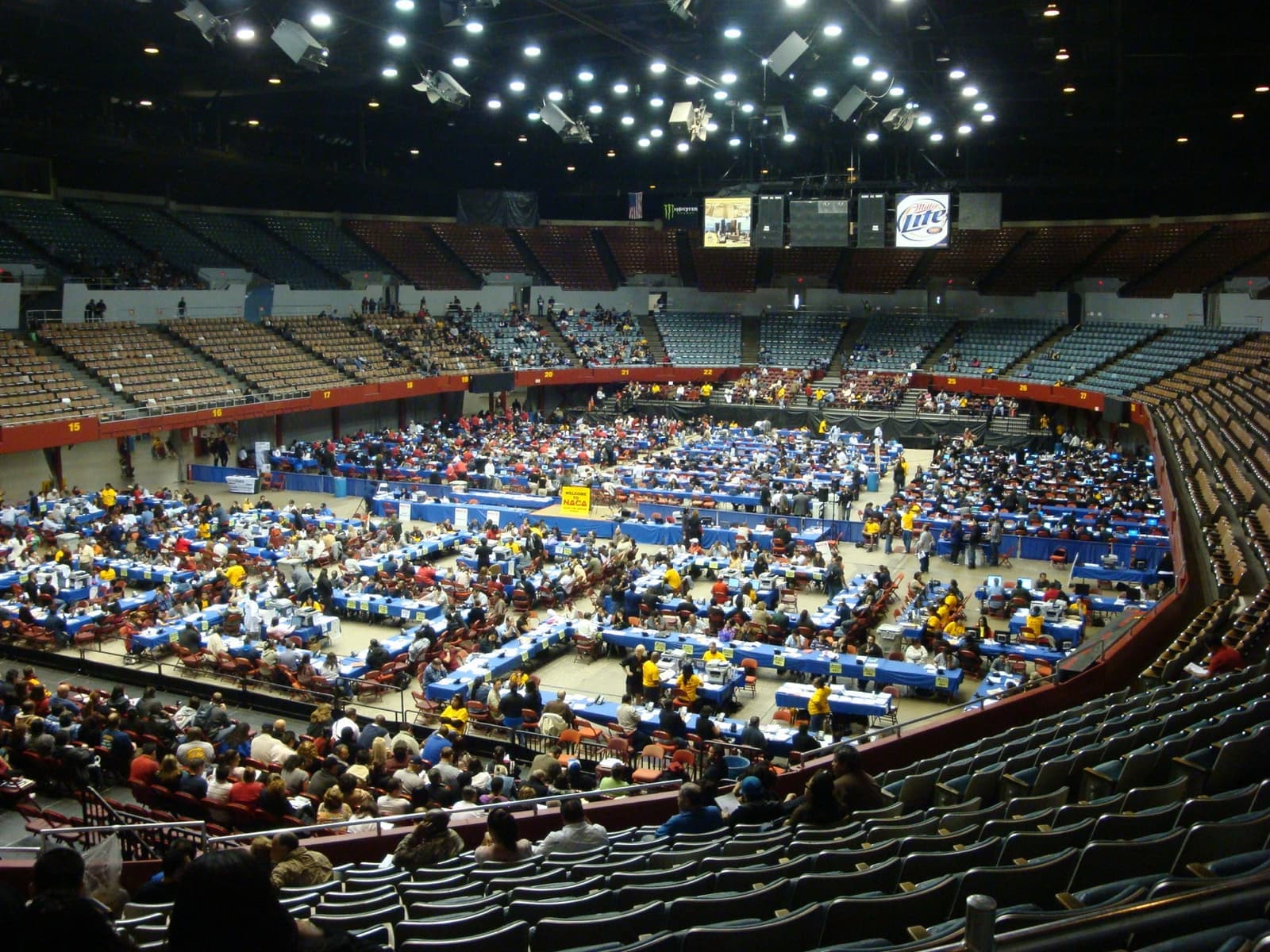 The bowl of the Los Angeles Memorial Sports Arena with a crowd on the floor