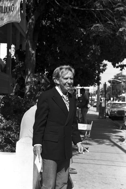 Burgess Meredith in a dark blazer and tie, standing on a sunny pavement
