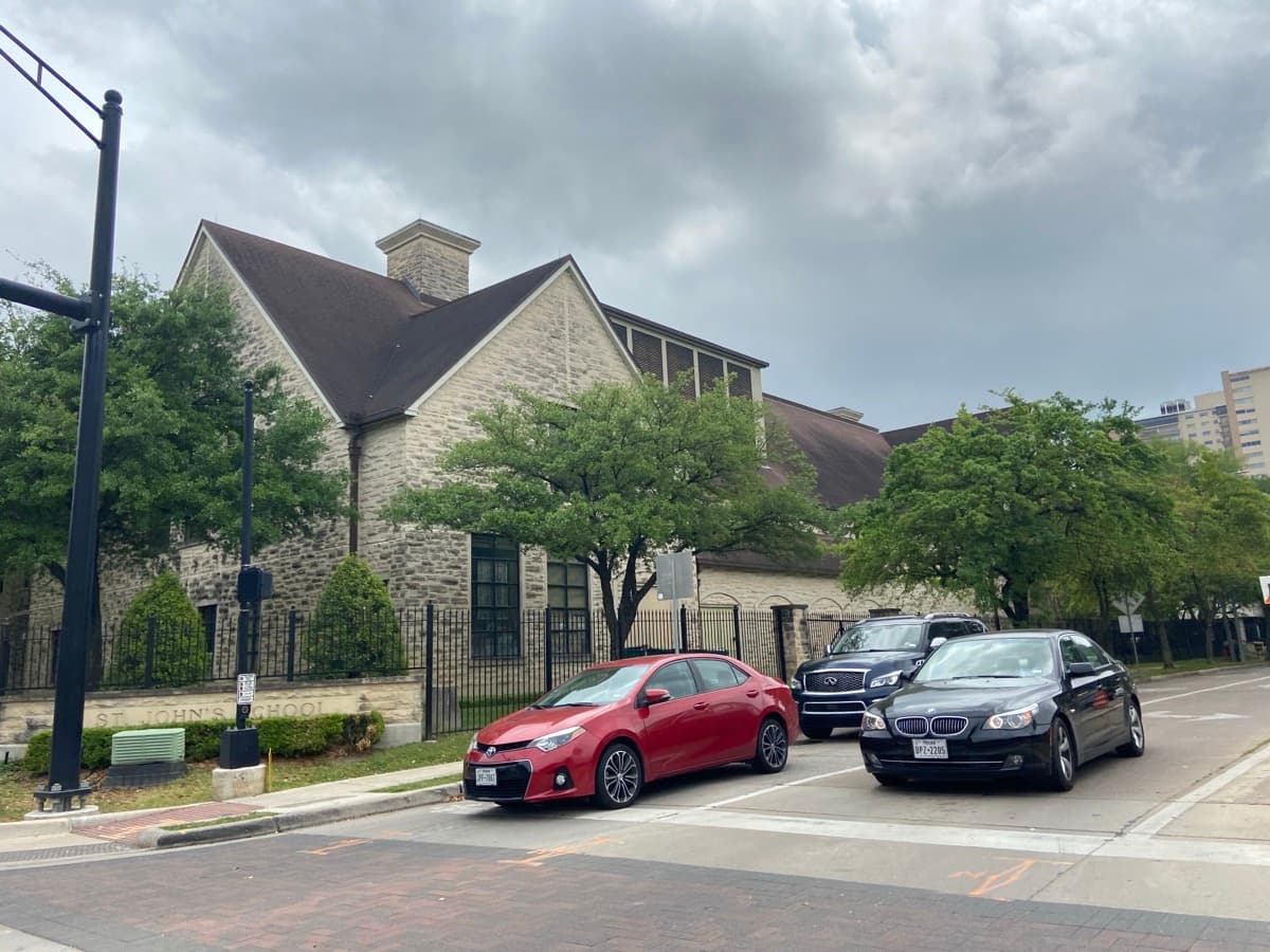The front of St John’s School in Houston on a bright day.