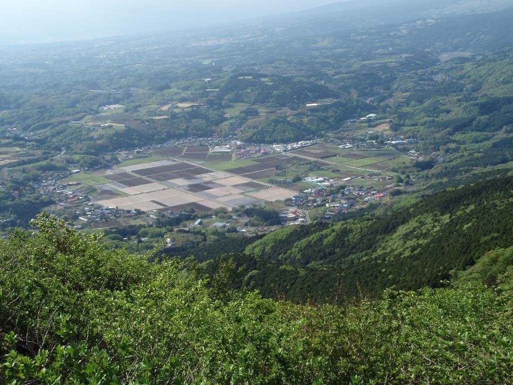 A farmed basin of small fields seen from a hillside above Kannami, Shizuoka.