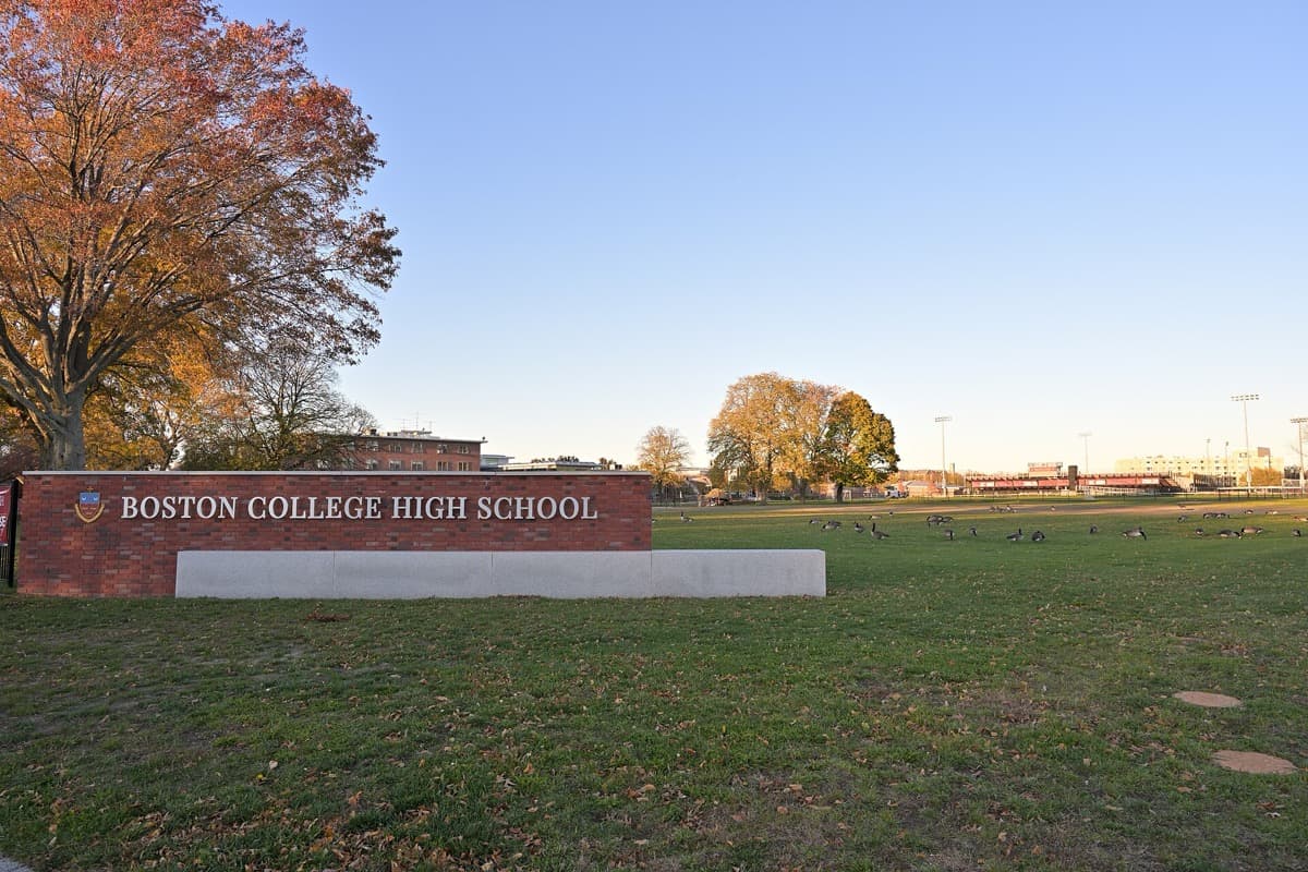 A school sign beside a road with grass and trees