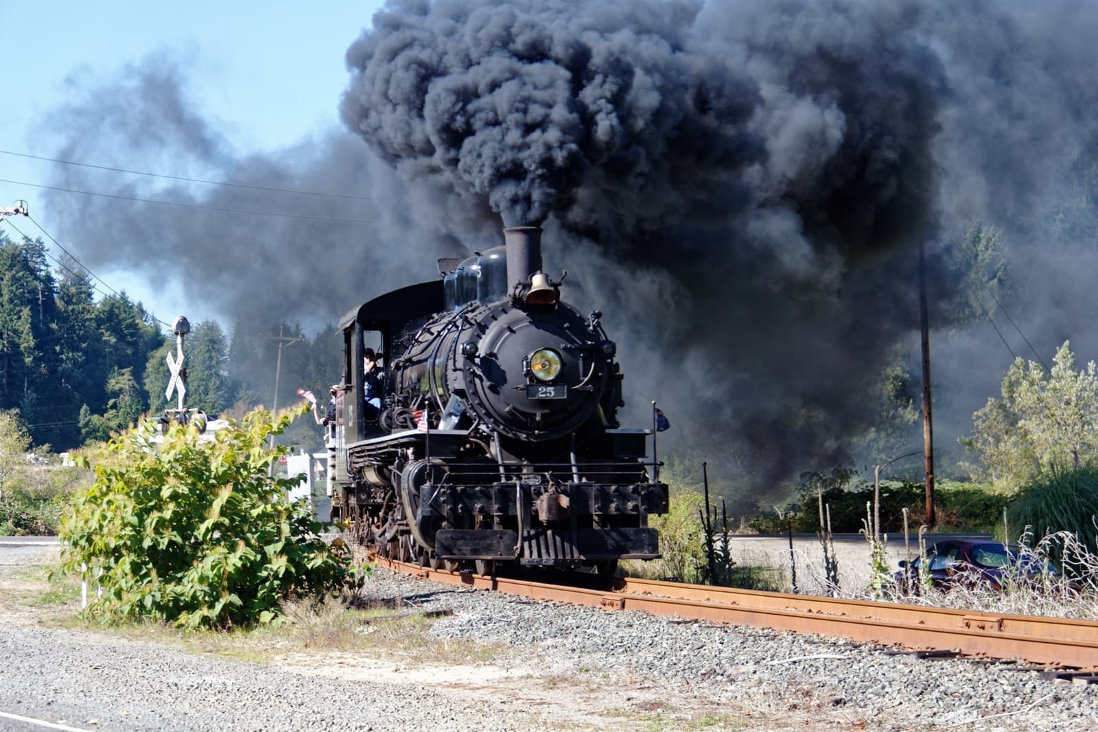 A black steam locomotive pouring thick black smoke as it comes down the line
