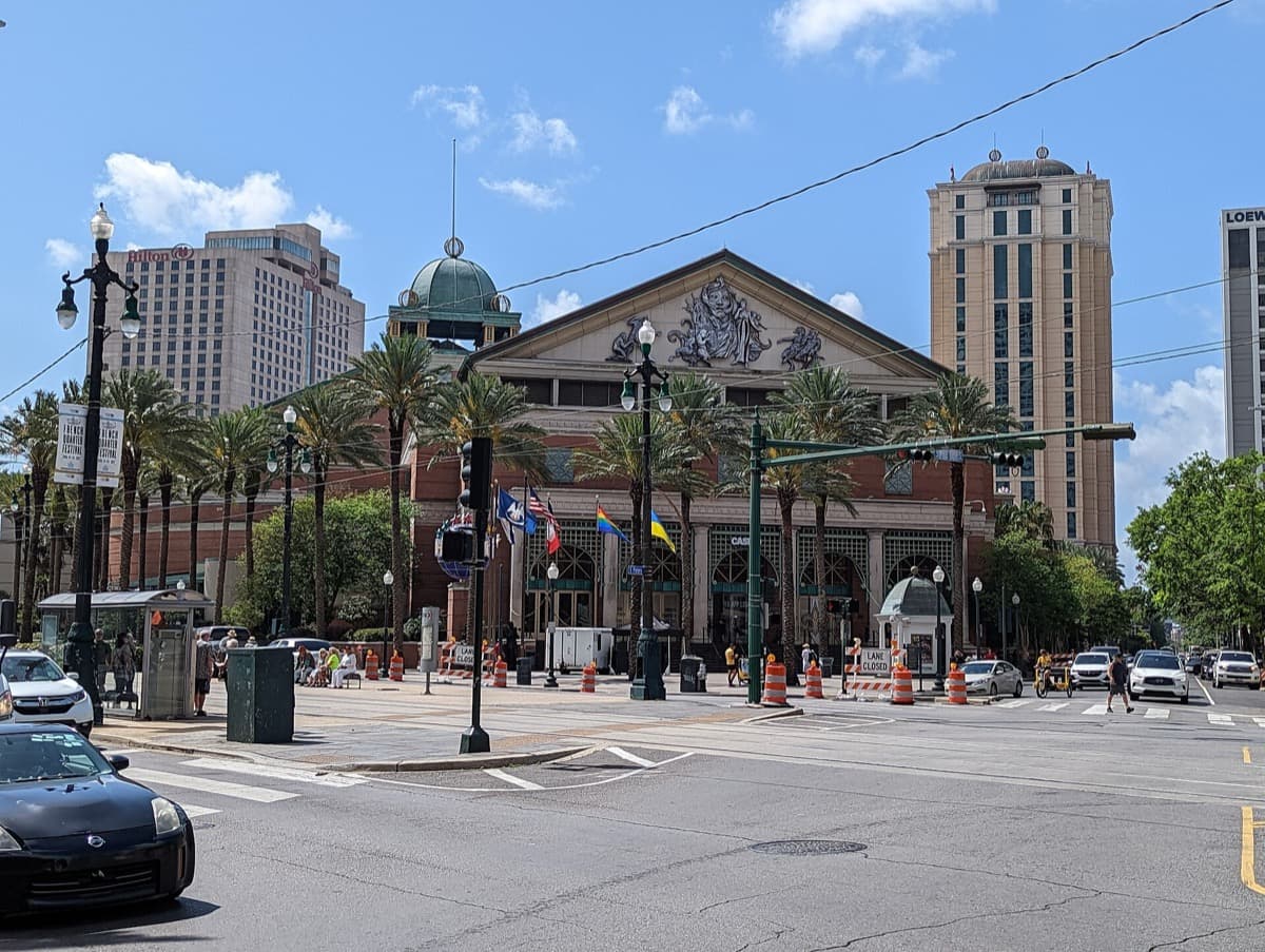 A large casino hotel seen across a wide street