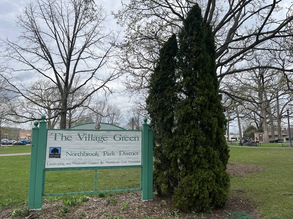 A green park sign reading The Village Green under bare spring trees