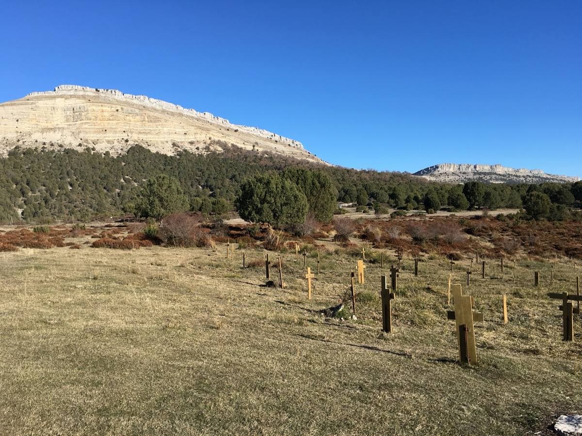 Wooden crosses in a dry meadow below a pale cliff and blue sky