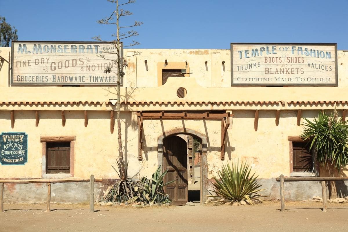 A western storefront with painted signs for groceries and boots, agave in front
